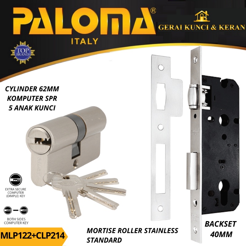 PALOMA MORTISE LOCK SET CYLINDER MLP 122 CLP 214 BODY KUNCI PELOR BACKSET 40MM CYLINDER 62MM KOMPUTER KEY