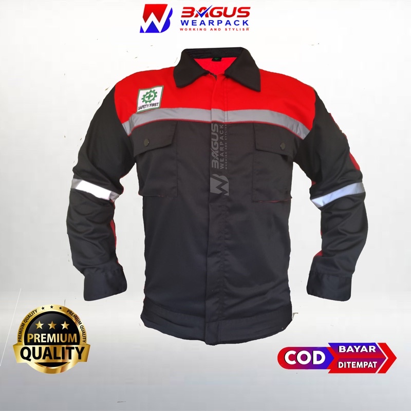 WEARPACK SAFETY / KEMEJA SAFETY / BAJU SAFETY LENGAN PANJANG / BAJU PROYEK KEREN / BAJU KERJA PRIA PROYEK / BAJU KERJA PIRA LAPANGAN / BAJU MEKANIK / BAJU WEARPACK / WERFAK PRIA KERJA / BAJU WEARPACK KERJA PROYEK / BAJU TAMBANG / HITAM MERAH