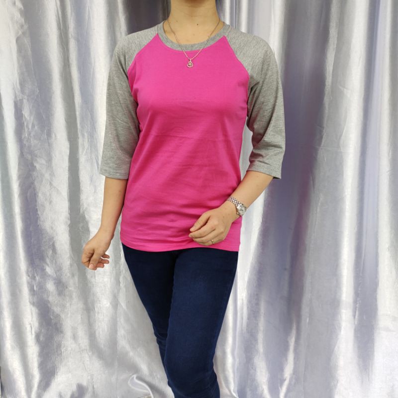 kaos polos reglan PINK - ABUMISTY  lengan 3/4 uk20 22 S M L XL XXL