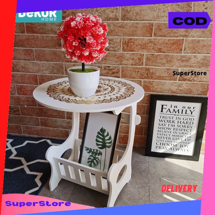 Meja Sudut Minimalis Ruang Tamu Susun Vintage Motif BULAT Kekinian Shabby Chic Kayu Tahan Air Berkua