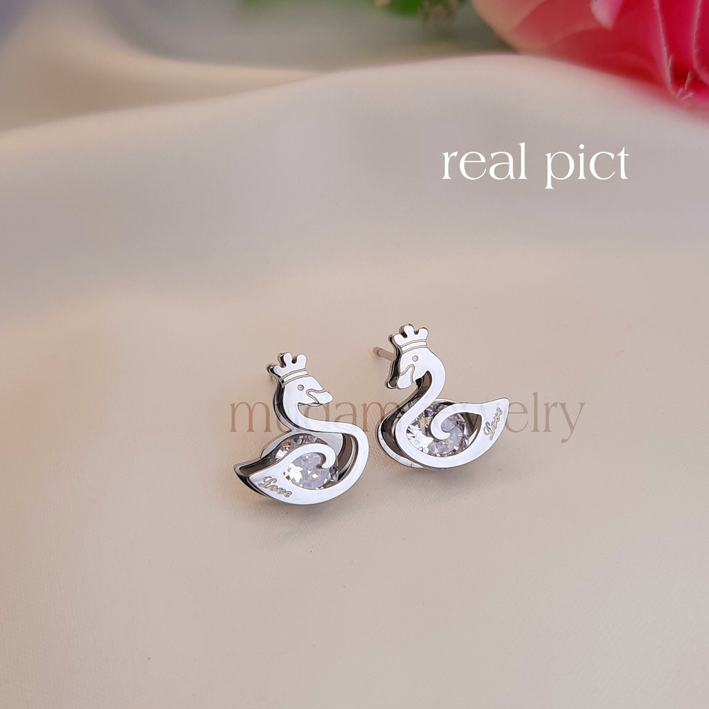 Anting Tusuk Titanium Angsa Dengan Mahkota Diamond Artifisial Warna Rosegold, Gold dan Silver