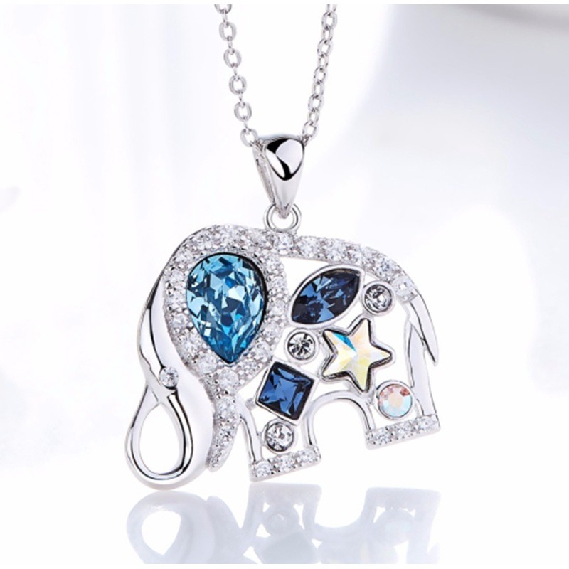 SEUSUK Good Luck Elephant Necklace Blue Stone Animal Pendant Statement Necklaces