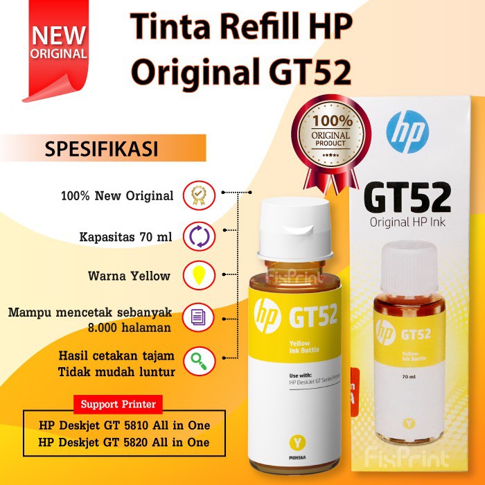 Tinta HP Original GT52 Yellow M0H56A 70ml, All in One Murah