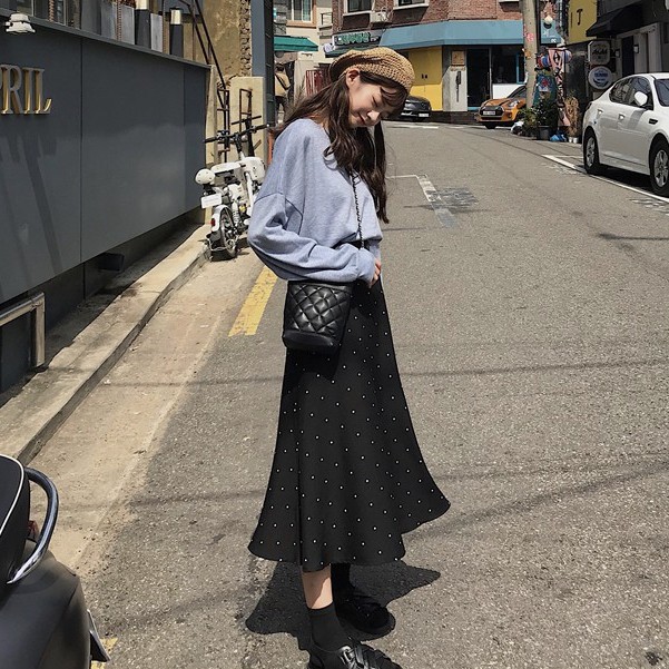 Rok pinggang tinggi retro yang cocok untuk semua rok polka dot A-line longgar  Rok Polkadot/rok panjang wanita bermotif polkadot kecil/rok