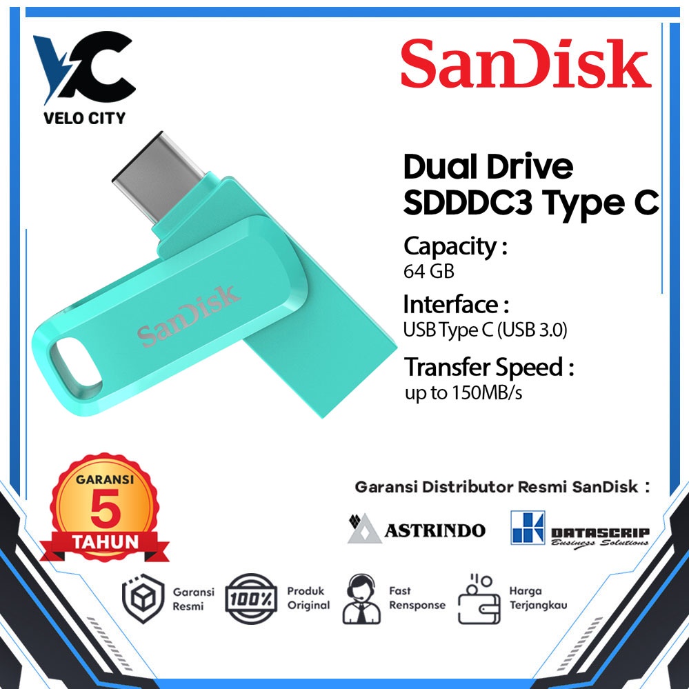 Flashdisk OTG Type C 64GB SanDisk Dual Drive SDDDC3 GREEN - Garansi Resmi 5 Tahun