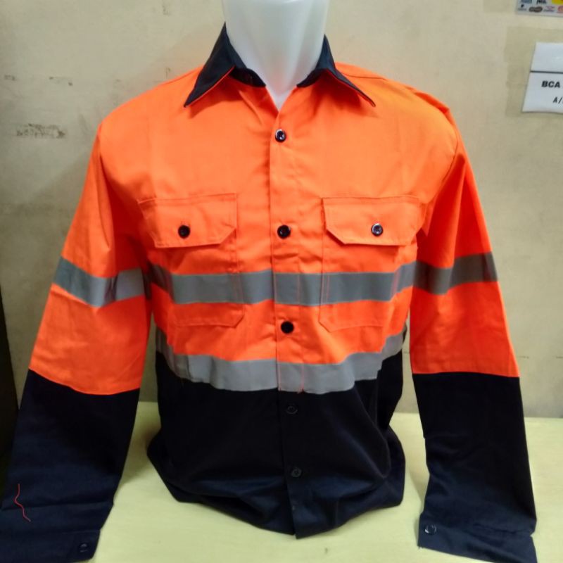 Baju Safety Kombinasi Lengan Panjang / Kemeja Kerja Proyek Atasan Kombinasi Orange