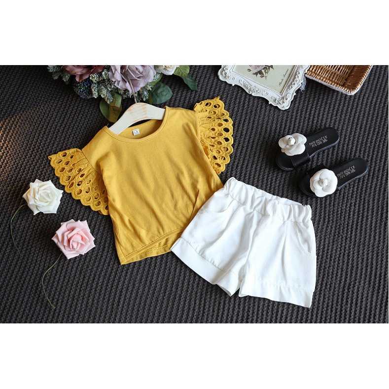 Setelan POLOS BAJU SAYAP KUNING MERAH + CELANA PUTIH / SETELAN BAJU ANAK KOREA IMPORT PREMIUM