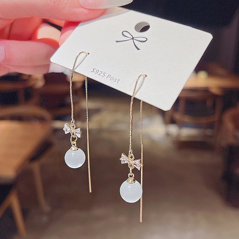 Shuling S925 silver needle Opal Bow Earrings Long Tassel Earring Female Ear Line Women Ear Jewelry