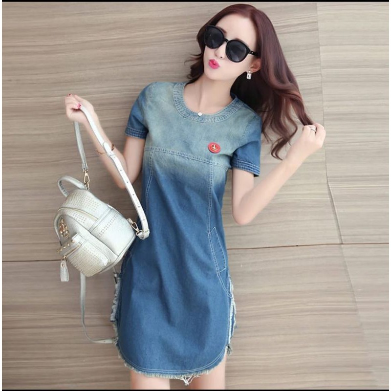 DRESS JEANS WANITA RAWIS + BORDIR LENGAN PENDEK DENGAN 2 KANTONG