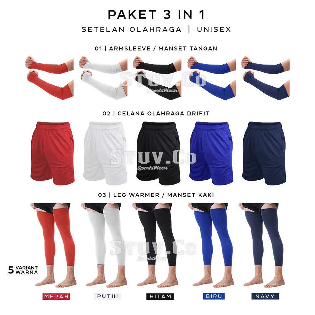 PAKET 3IN1 STELAN ARM SLEEVE CELANA FUTSAL DAN LEG WARMER SET OLAHRAGA FUTSAL SEPAKBOLA BULUTANGKIS SEPEDA BASKET VOLI PRIA WANITA