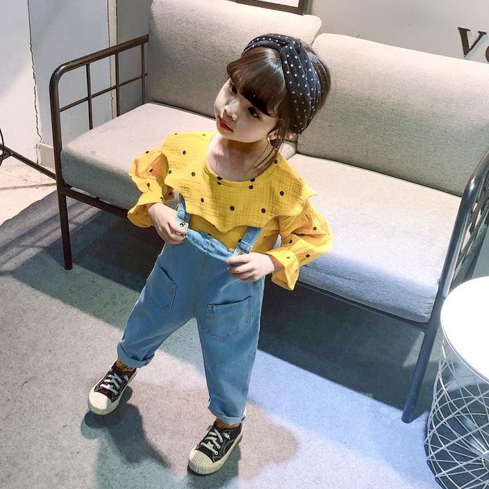 ♢ [Cocobaby Jakarta] Setelan Anak Perempuan Imut Atasan Polkadot + Celana Overall ➭