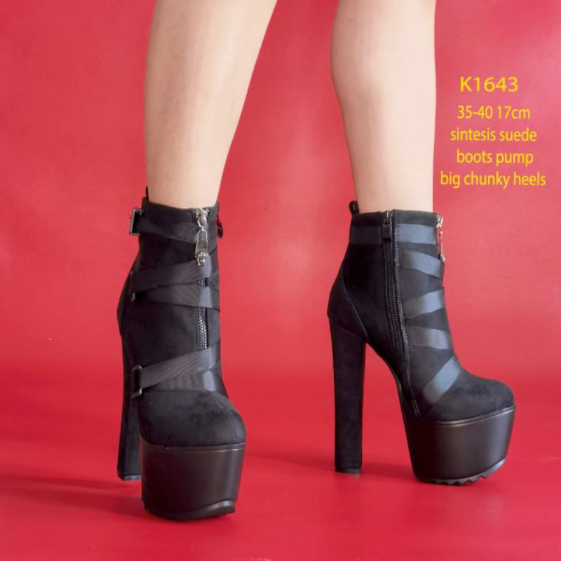 K1643 VVVshop boots hak heels 17cm angkle hak big chunky black tinggi suede ketutup import hak kotak