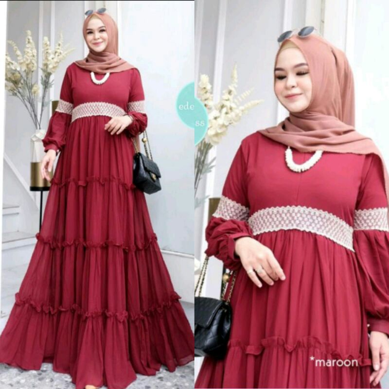 Danisa maxi dress / gamis renda rempel susun / baju lebaran wanita