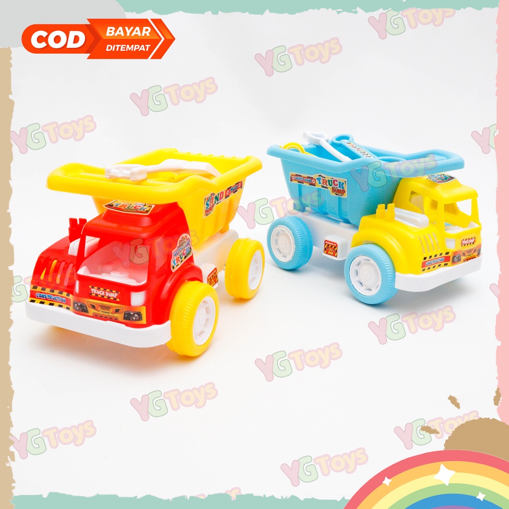 YGtoys Mainan Truk Pasir Pantai Mobil Dump Truck Konstruksi Angkut Pasir dan Cetakan Skop