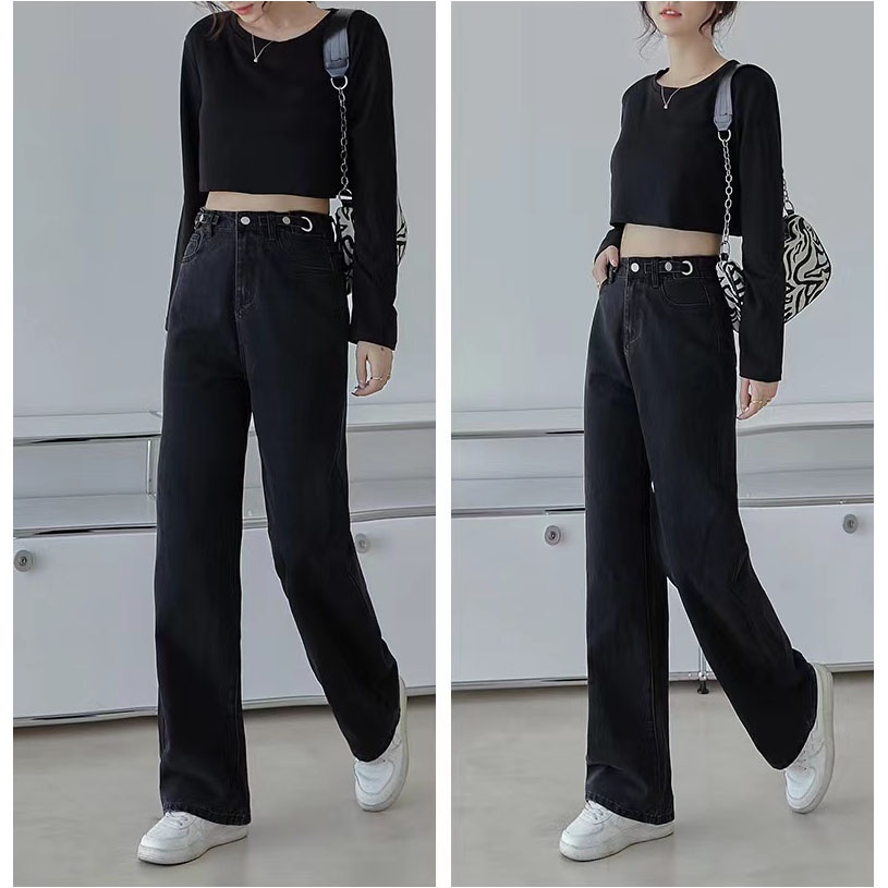 Celana Panjang Boyfriend Jeans Wanita Highwaist Hitam