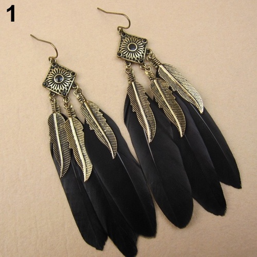 Hu Hu Hu Hu Hu Alat Bantu Pasang Kacamata♡ Anting Kait Gantung Wanita Desain Daun + Bulu Gaya Vintage Kreatif Untuk Pesta / Hadiah