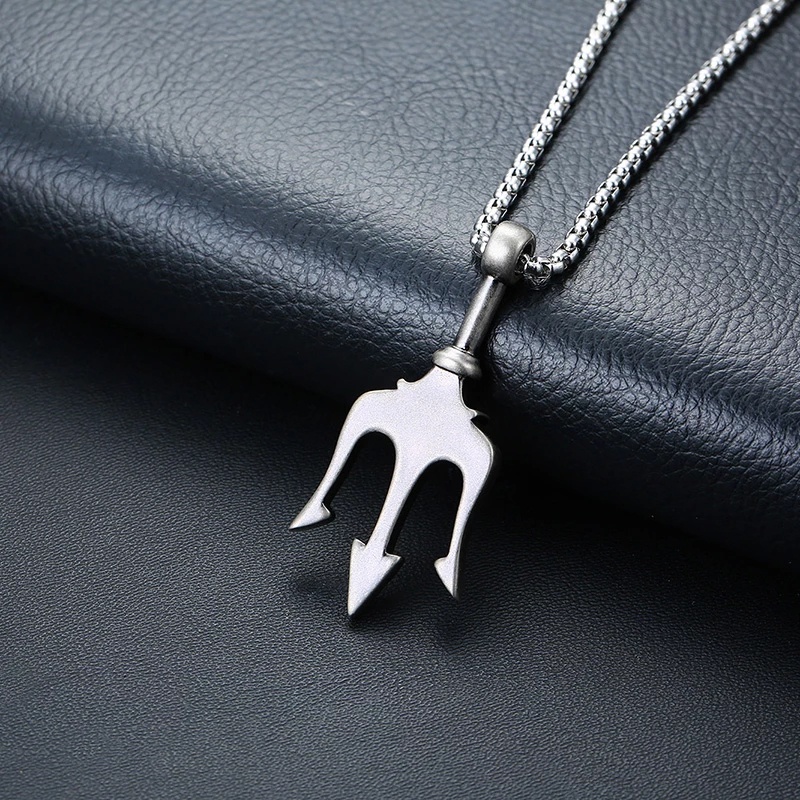 Kalung Rantai Klavikula Liontin Trident Bahan Stainless Steel Metal Gaya Punk Hip-Hop Untuk Pria