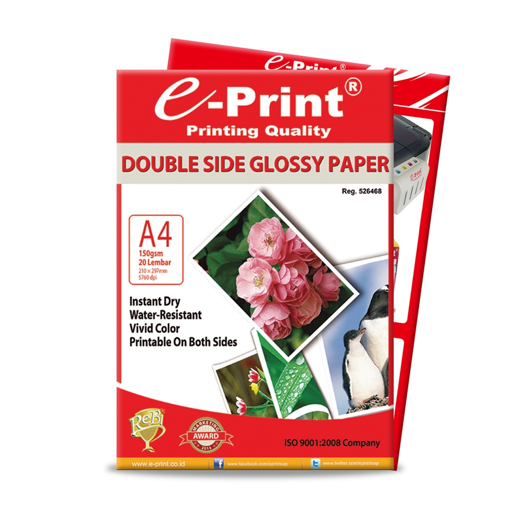 E-PRINT DOUBLE SIDE GLOSSY A4 150GSM 20 SHEET / KERTAS FOTO MENGKILAP TIMBAL BALIK