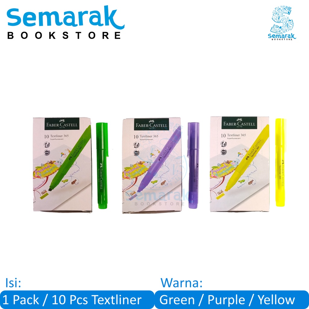 

Faber Castell Textliner 365 Superfluorescent - Yellow / Green / Purple [1 Pack / 10 Pcs]