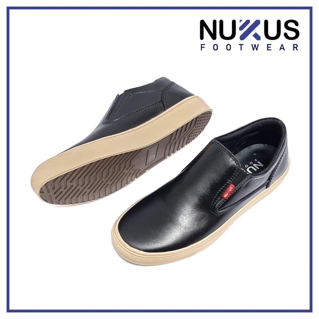 Nukus Sepatu Sneakers Slip On Pria Big Size Kulit Sapi Asli Jumbo Hitam Putih Size 44 - NKS C