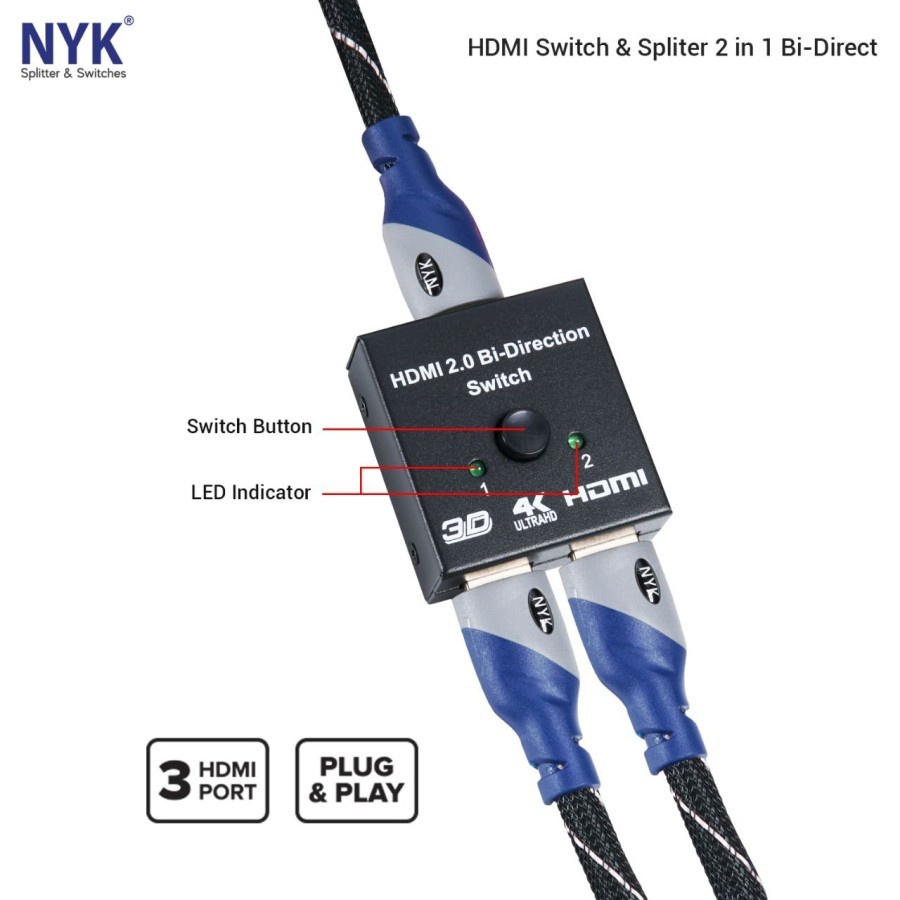 NYK HDMI Switch &amp; Splitter 2 in 1 Bi-Direct 2 Port