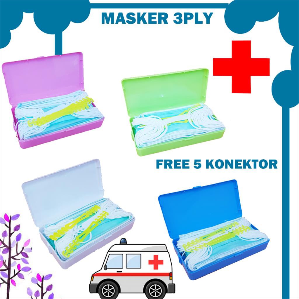 Masker Medis  3 PLY ISI 25 PCS FREE 5 KONEKTOR SM02