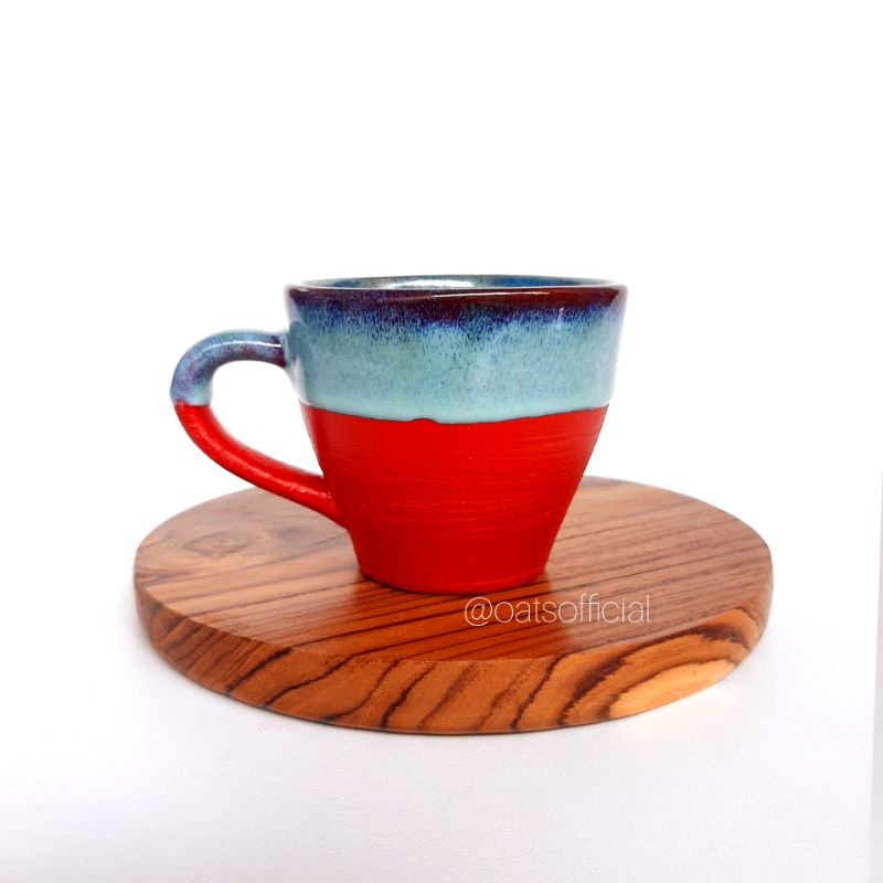 Naruna Keramik Latte Handle Blue Red Dove - FREE TATAKAN BULAT KAYU JATI