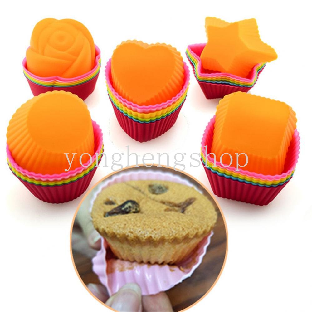 1 Pc Cetakan Cupcake Bentuk Hati Bintang Bunga Bulat Bahan Silikon Anti Lengket Reusable