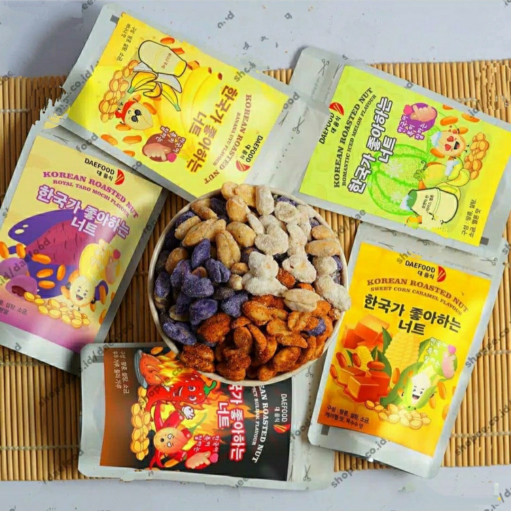 

Camilan Kacang Panggang Korea Soft Roasted Nut DAEFOOD | Royal Taro Mochi, Romantic Iced Melon, Spicy Buldak, Banana UYU, Sweet Corn Caramel, Kurma, dan Original