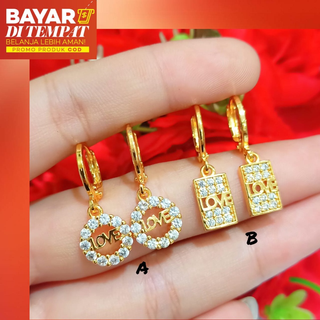 Anting Jurai Love permata zircon menawan unik logam emas Korea tidak karat