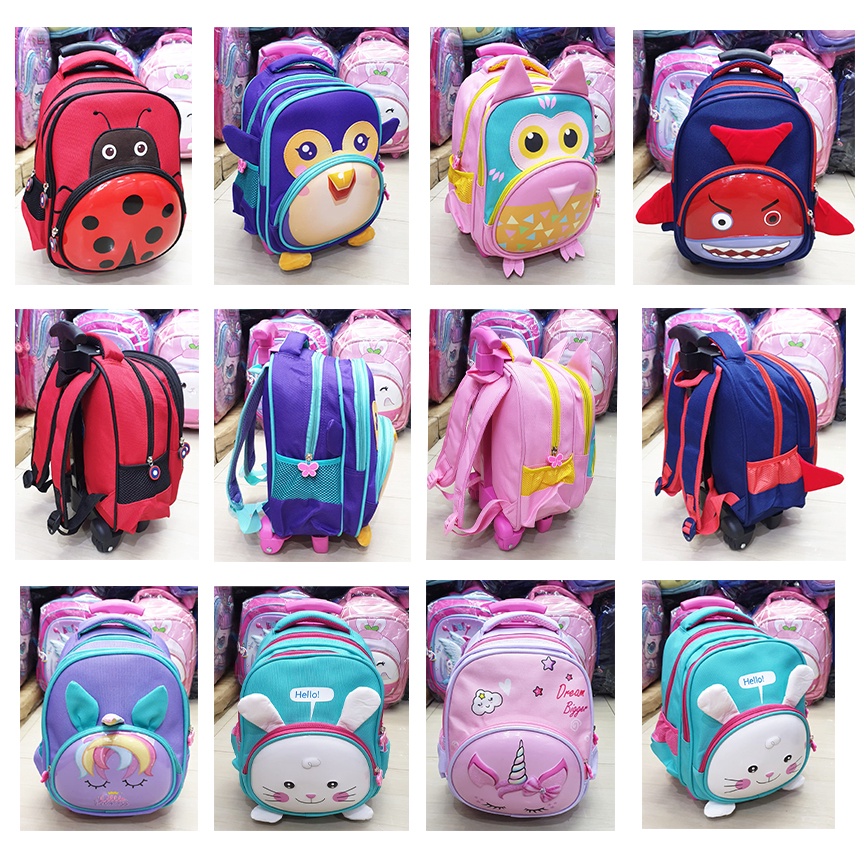 PROMO 10.10 TROLLEY TROLI DORONG TK / PAUD / SD TAS ANAK SEKOLAH PEREMPUAN DAN LAKI LAKI GAMBAR HEWAN ANIMAL LUCU GEMEZ 3 RESLETING IMPORT Dino Luwi Gemez Cat Happy