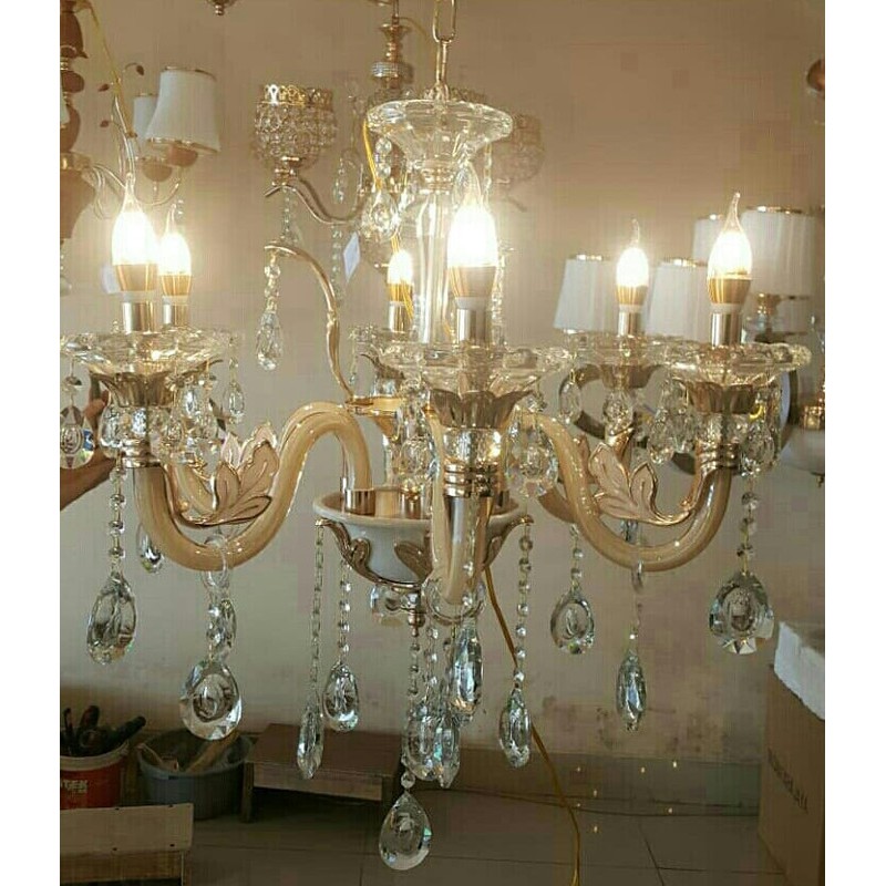 LAMPU GANTUNG HIAS KRISTAL LILIN CANTIK MODEL 6 TANGKAI LAMPU L-7