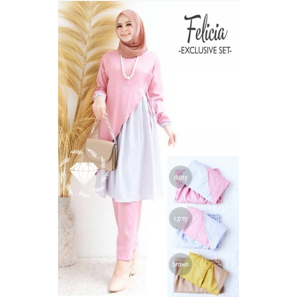Setelan Pakaian Wanita Plus Celana/Baju Kaos Lengan Panjang dan Celana Cewek Felicia Exc Set