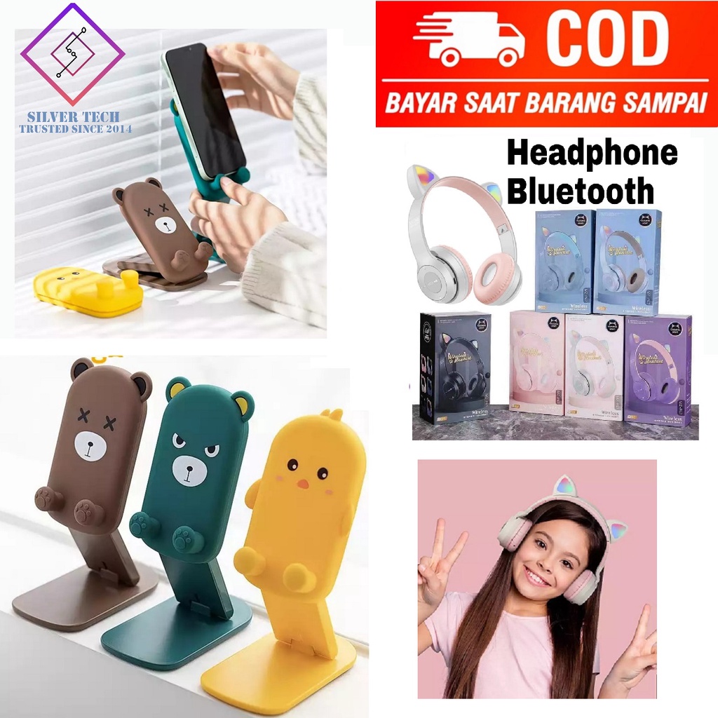 Silvertech Paket Belajar Online Headphone Bluetooth dan Holder Meja Imut Headphone Kucing dan Holder Meja Karakter