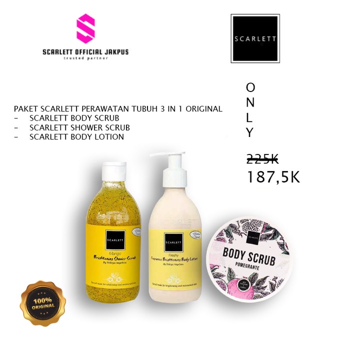Paket 3 item Scarlett Whitening Shower Scrub, Body Lotion, Body Scrub
