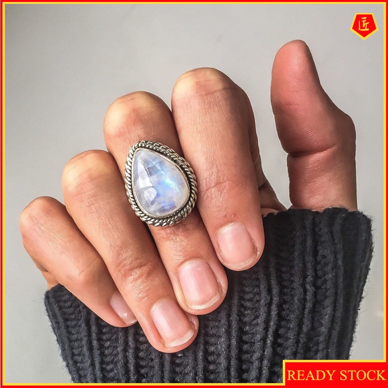 [Ready Stock]Big Diamond Pear-Shaped Moonstone Ring Exaggerated Punk Style