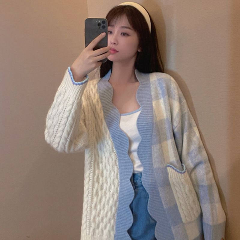[littlecrab] Cardigan Oversize Biru Putih Knit Two Tone Korea Outer Rajut Gingham Import Berkualitas Korean Style