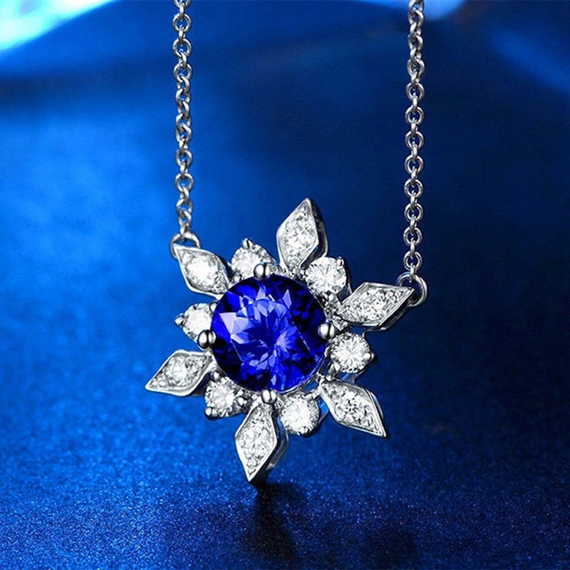 Kalung Desain Bunga CZ Warna Biru Untuk Wanita