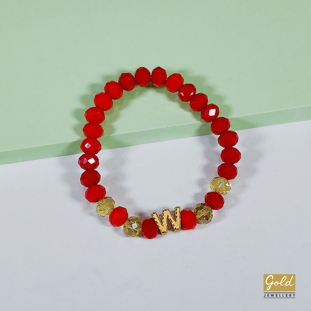 Gelang tali emas kuning kadar 700 70% charm inisial W bsr batu merah