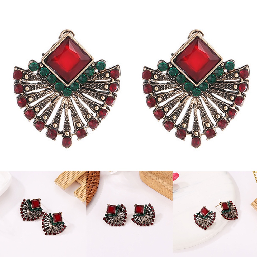 Anting Stud Berlian Imitasi Bentuk Kipas Gaya Vintage Etnik Bohemian Untuk Wanita