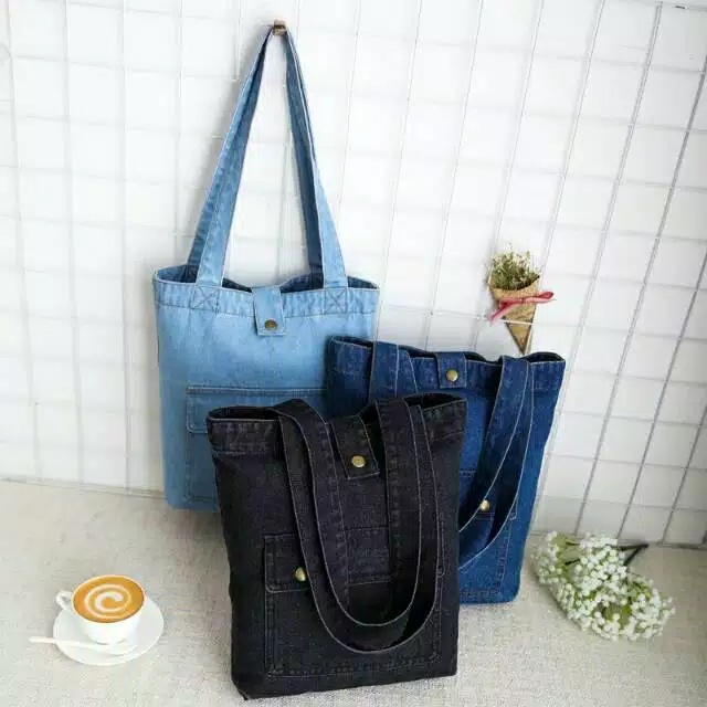 Bp Pocket Denim Tote Bag Saku Kancing Tas Bahu Jinjing Wanita Jeans Kuliah Sekolah Korea Cina