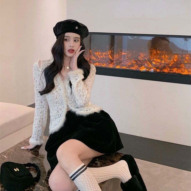 atasan renda import lace shirt women s winter warna solid lengan panjang pure want sexy furry hollow