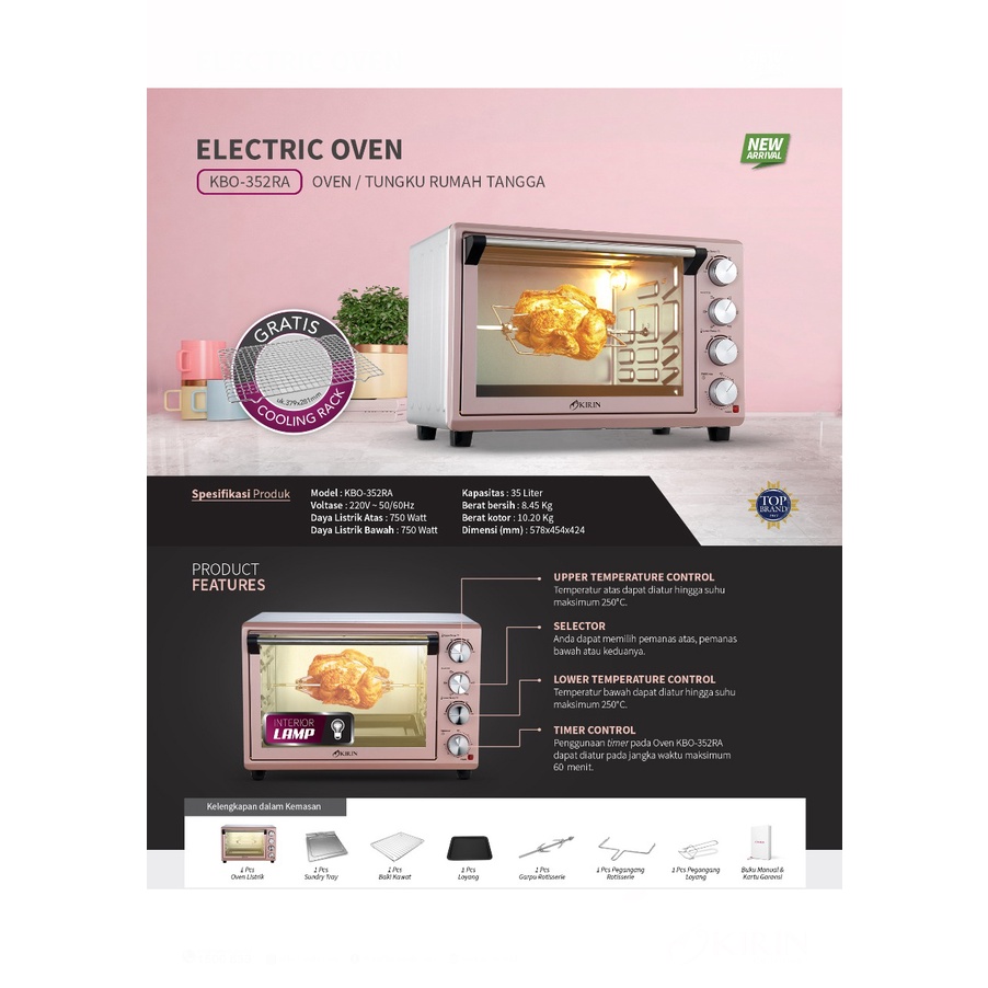 KIRIN KBO 352 RA PINK OVEN 35 LITER 750W +750W / KBO352RA