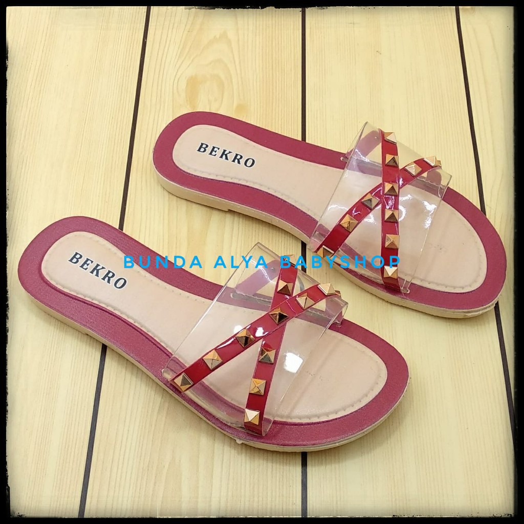 Sandal Wanita Slop Flat Size 36 - 40 MERAH - Sendal Selop Transparan - Sandal Flat Wanita OpenToe SALE