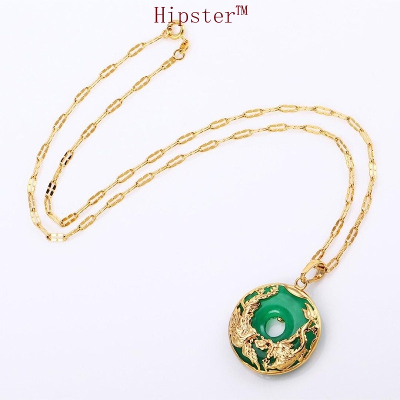 Vintage Classic Auspicious Luxury Dragon and Phoenix Shape Emerald Gold Pendant Necklace