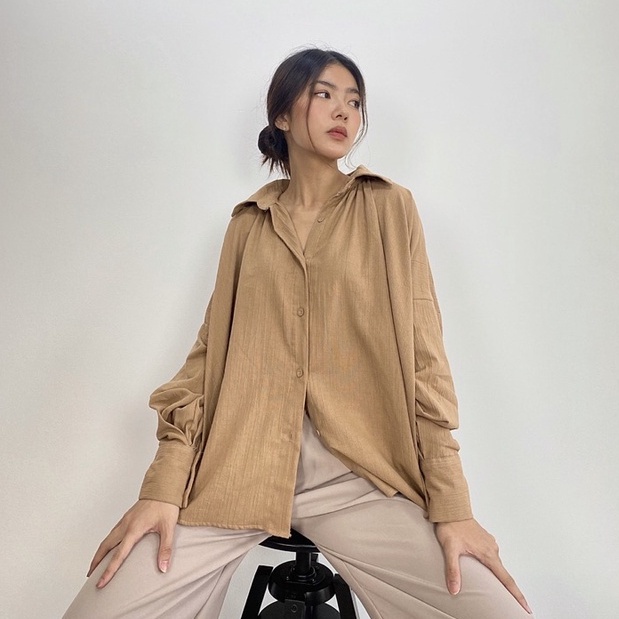Kemeja Wanita Terbaru Linen Lengan Balon Kotak Casual Polos J1B7 Terkini Oversize Premium Hits Kekin