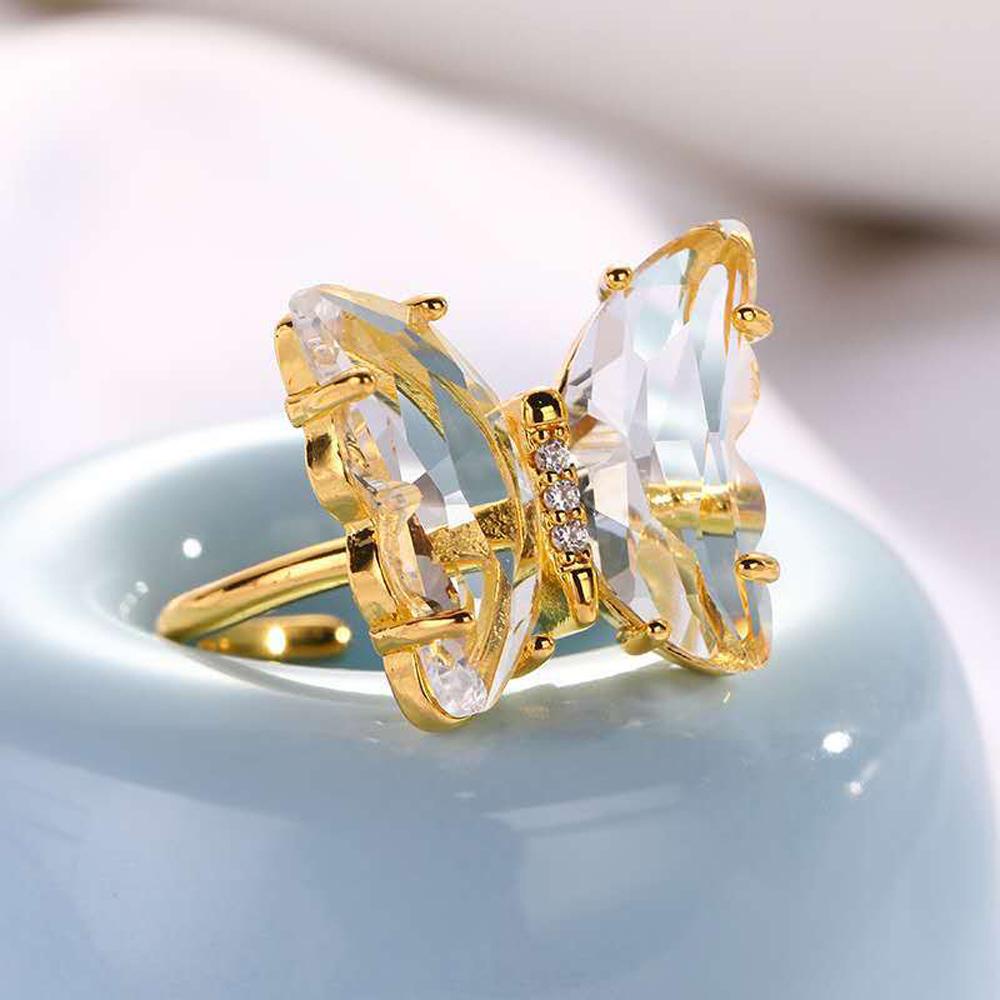 [Elegan] Cincin Jari Kupu-Kupu Warna-Warni Fashion Gaya Sederhana Transparan Hadiah Untuk Wanita Perhiasan Kristal