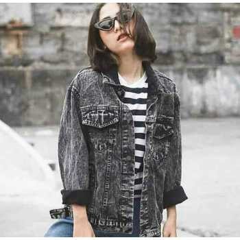Jaket Jeans Denim Wanita Oversize Black Sandwash / Snowblack