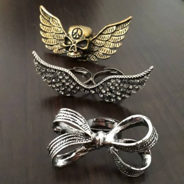 NEW IMPORT Ring Bow Ribbon Wings Skull Cincin Korea Pita Sayap Tengkorak Emas Gold Silver