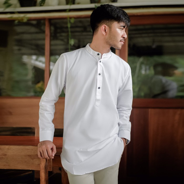 Baju Koko Pria Kemeja Kurta Polos Kurta Pakistan Muslim Putih White - L